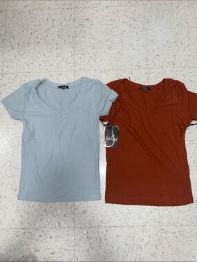 Ribbed V-Neck Short Sleeve Top set
Women Light Blue & Rust size small medium